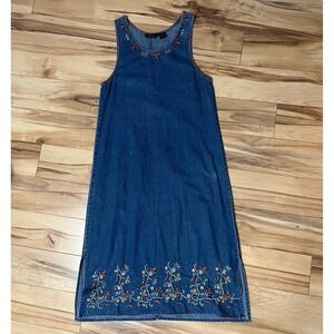 VTG Denim Dress Jumper Sz M Petite Embroidered Midi Granny Agapo 90s Cottagecore